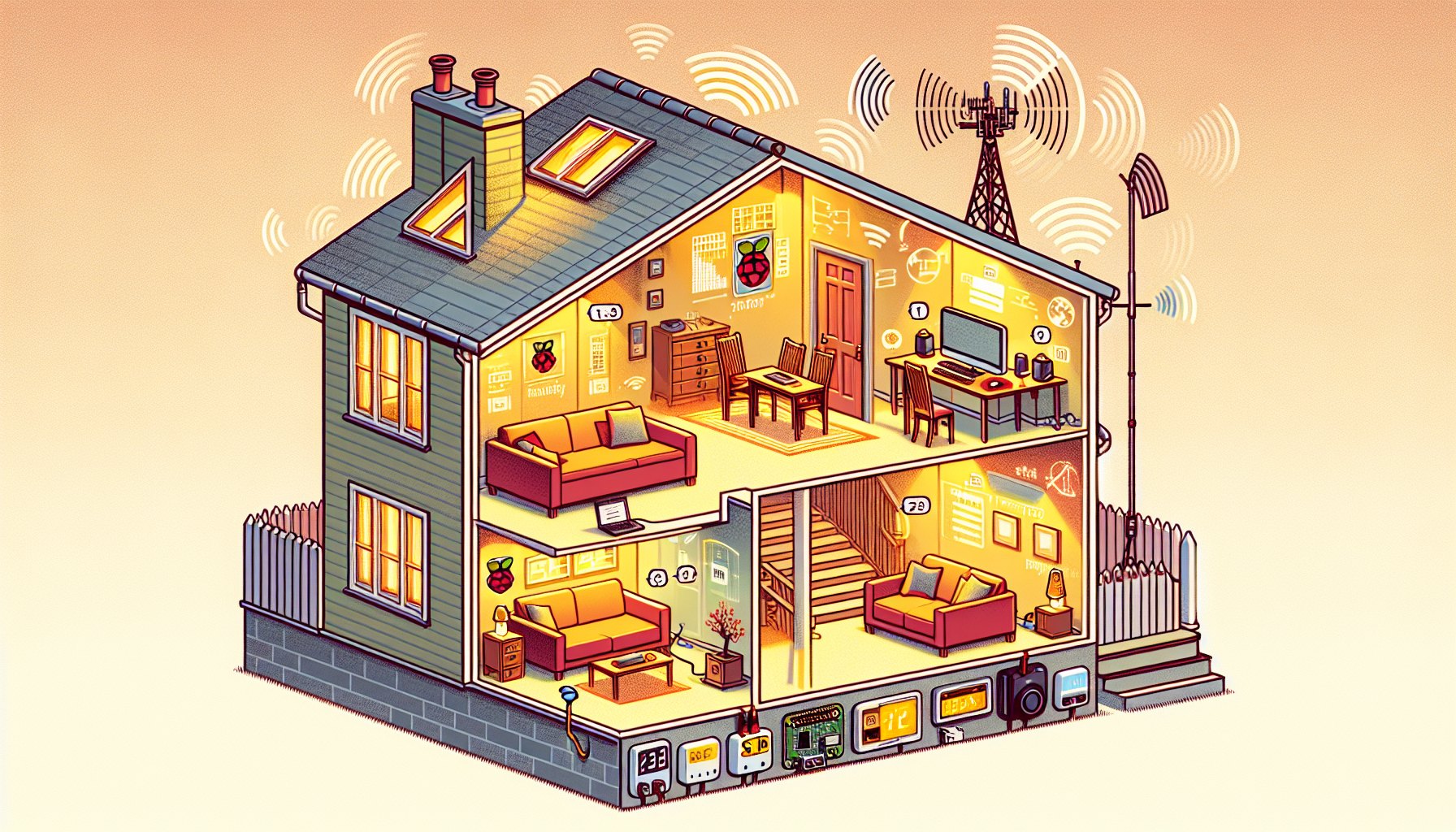 House cross-section showing Raspberry Pis in various locations