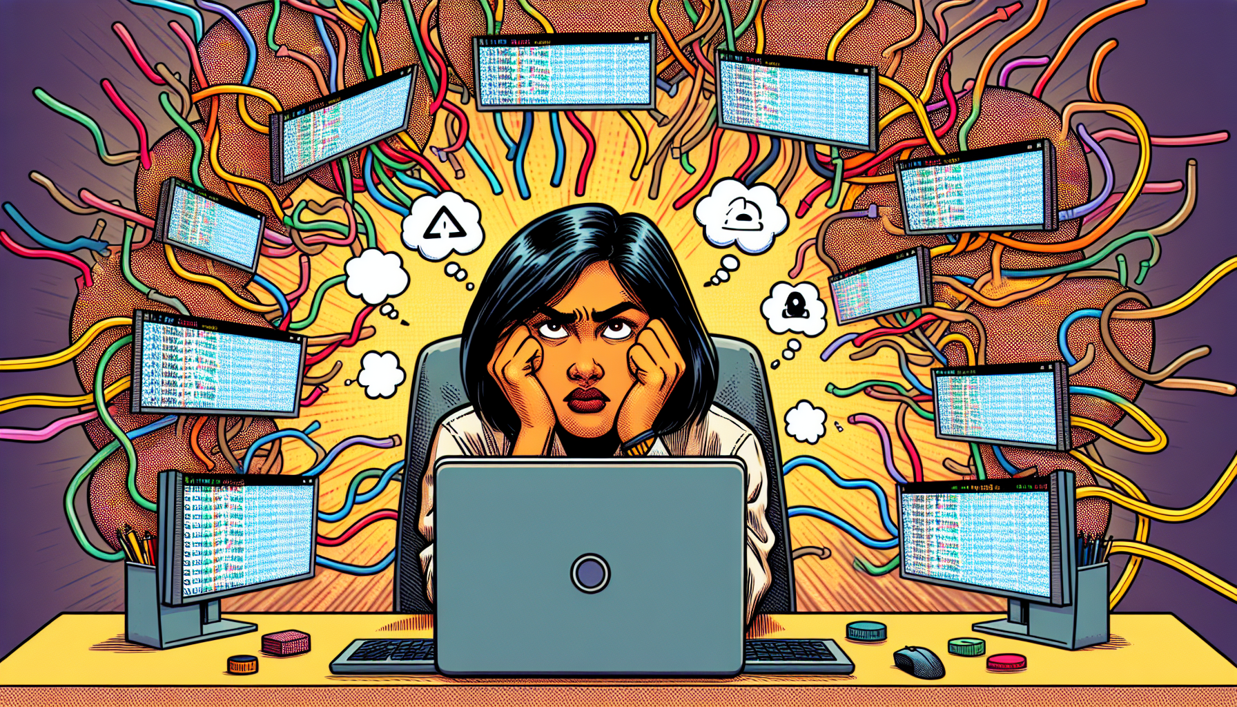 Frustrated developer surrounded by SSH terminals